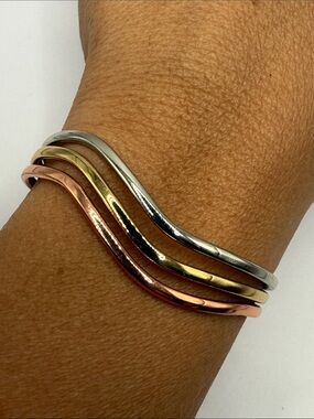 Vintage Sergio Lub Copper Silver Gold Tone Wave Bangle Cuff Statement Bracelet